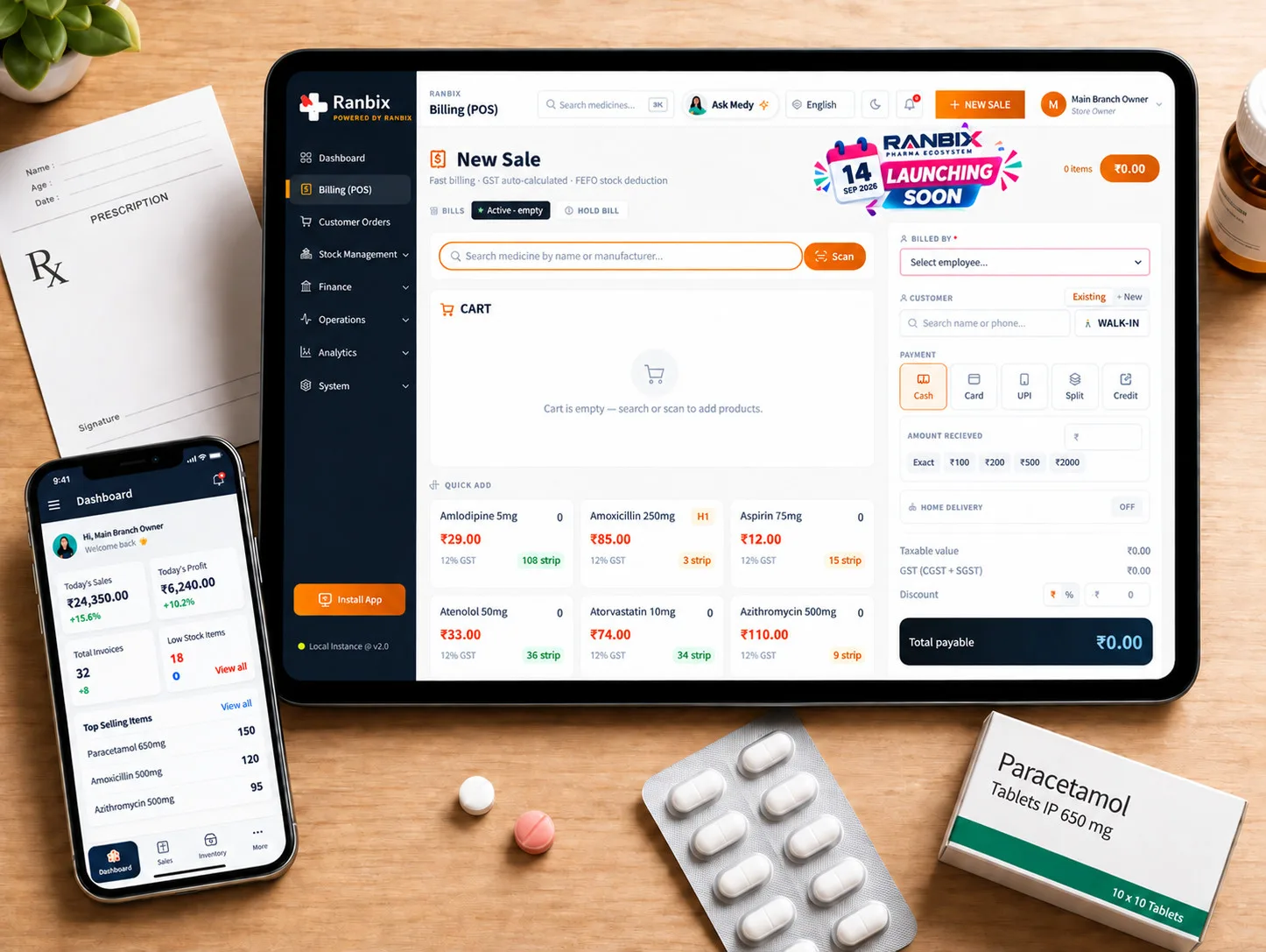 Ranbix billing open on a tablet at a pharmacy counter, with the owner's dashboard on a phone beside it, a prescription pad, a blister strip and a box of paracetamol