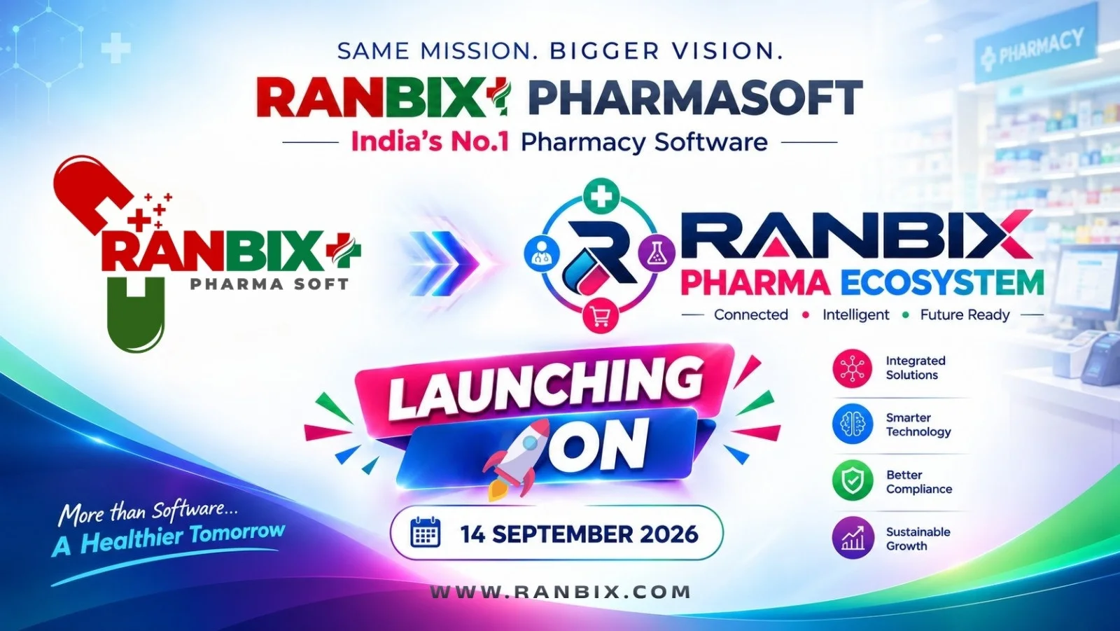 Same mission, bigger vision — Ranbix Pharma Soft, India's pharmacy software, becomes the Ranbix Pharma Ecosystem: connected, intelligent and future ready, launching on 14 September 2026